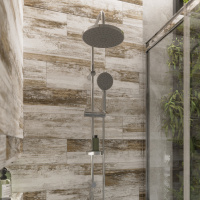 Душевая стойка STWORKI Стокгольм HFSG97000 хром, с тропическим верхним душем, без излива, угловая, с полкой