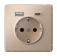 Розетка с USB+USB type C Systeme Electric ARTGALLERY, скрытый монтаж, с заземлением, со шторками, песочный, GAL001232